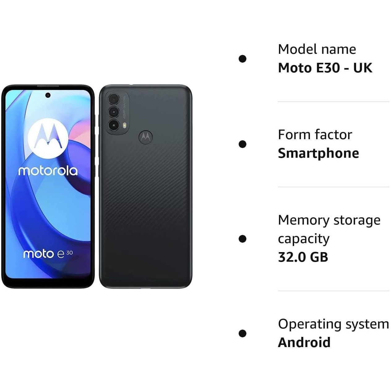 Motorola,Motorola Moto E30 - UK-SIM-Free Smartphone(Dual Sim,6.5" HD, Android 11, 4G,RAM 2GB, 32GB) - Mineral Gray - Gadcet.com